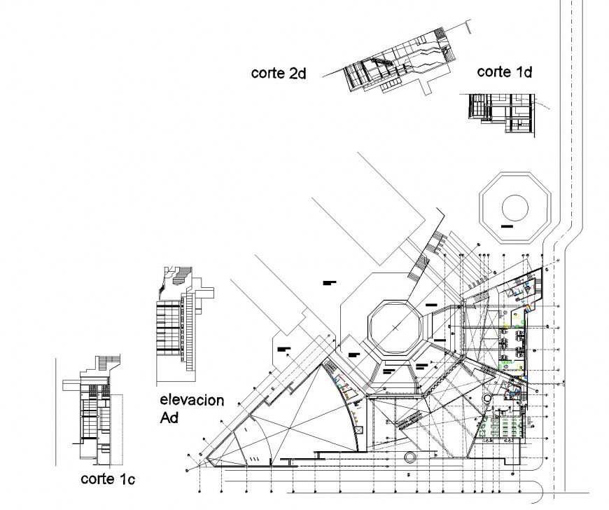 Administrative pavilion plan, elevation and section autocad file