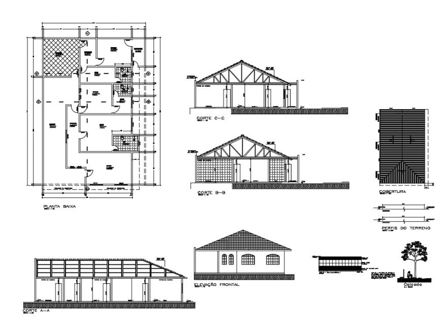 Adobe house elevation, section and layout plan cad drawing details dwg file