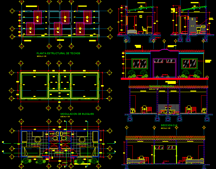 Bedroom AutoCAD Drawing with Floor Plan Section and Elevation View