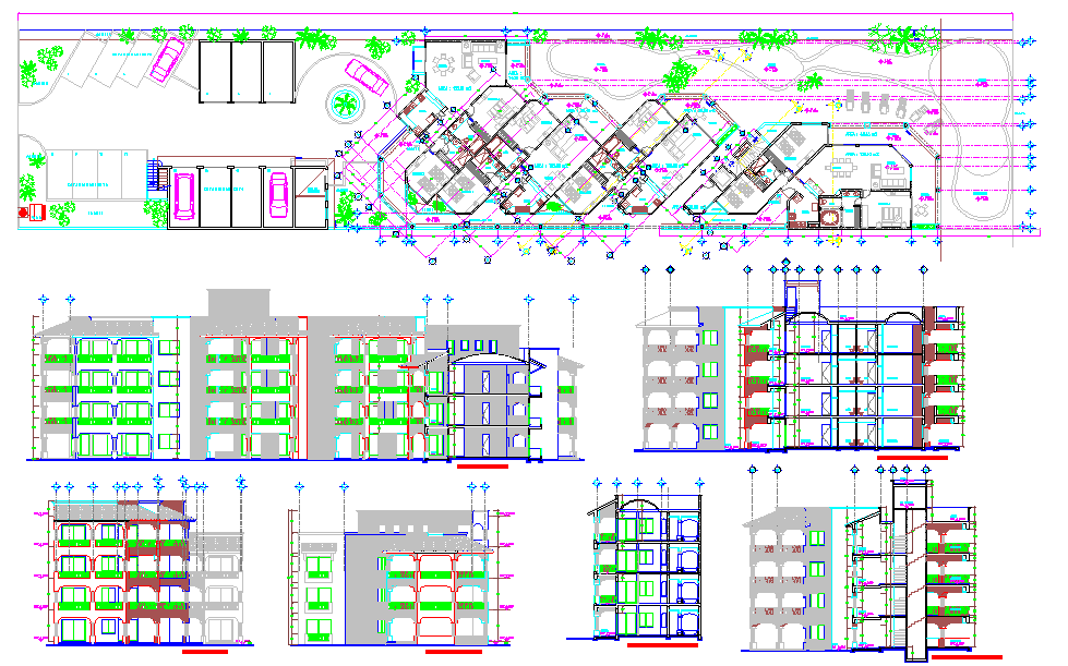 Hotel Apartment Type Design DWG with Floor Layout and Sections