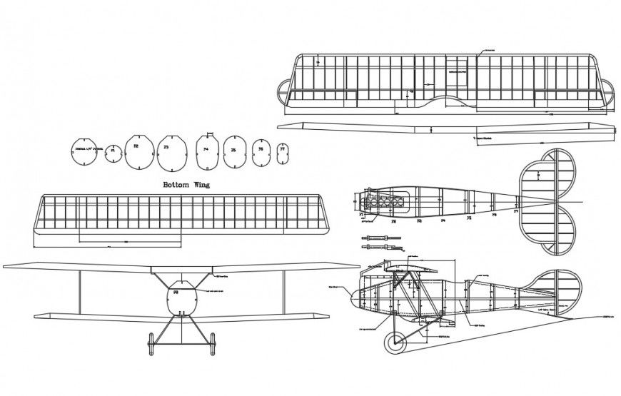 Aircraft elevation, section and structure plan drawing details dwg file