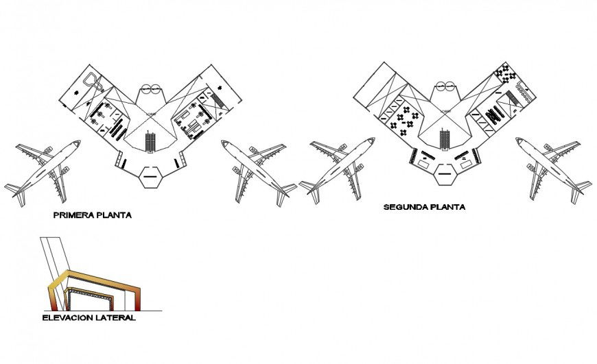 Airport back elevation and distribution plan cad drawing details dwg file