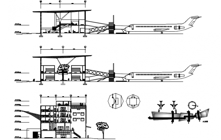 Airport building all sided section and plan cad drawing details dwg file