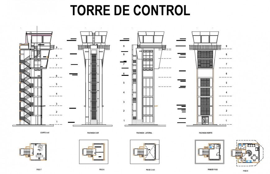Airport control tower elevation, section, plan and auto-cad details dwg file