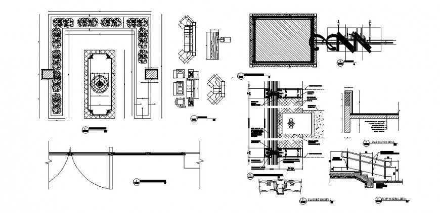 Airport entrance hall layout plan and furniture and staircase construction details dwg file