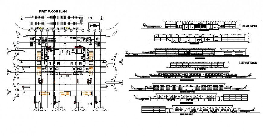 Airport plan, elevation and section detail 2d view CAD block layout file in autocad format