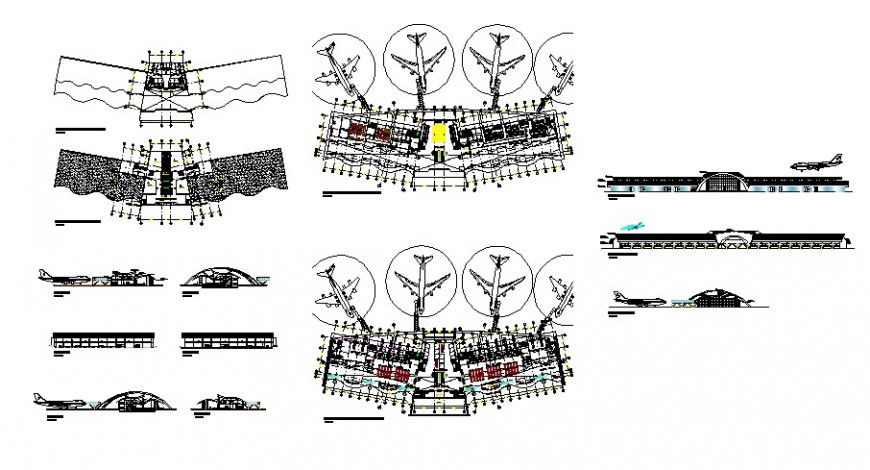 Airport terminal building all sided elevation, section and floor plan cad drawing details dwg file