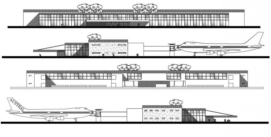 Airport terminal building all sided elevation cad drawing details dwg file