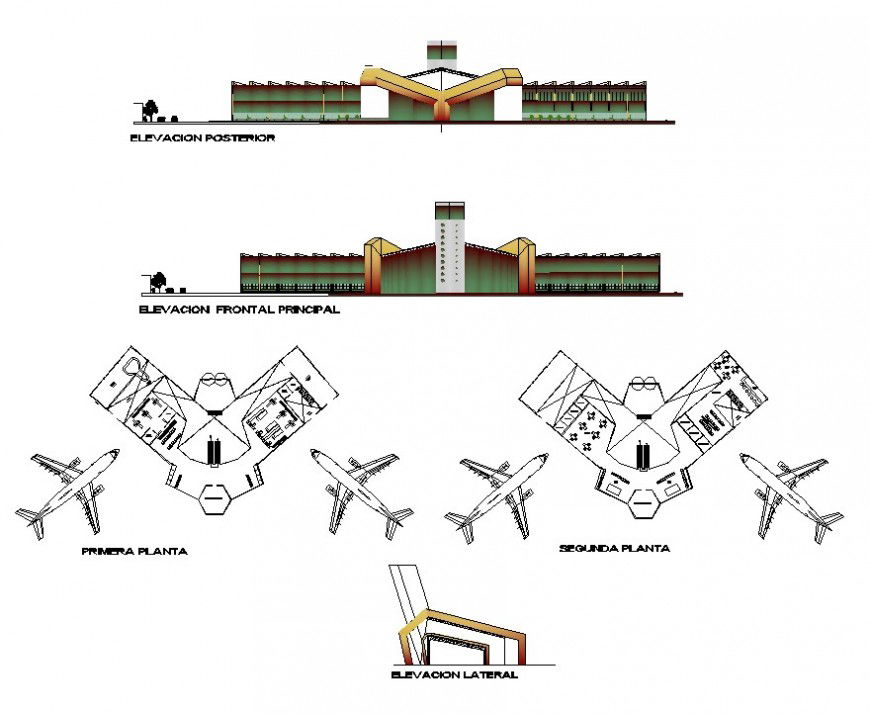 Airport terminal building structure 2d view layout file in dwg format