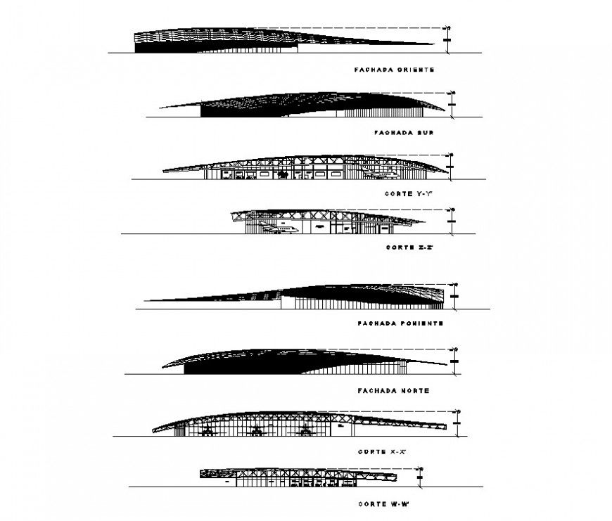 Airport terminal building structure elevation and sectional detail 2d view autocad file