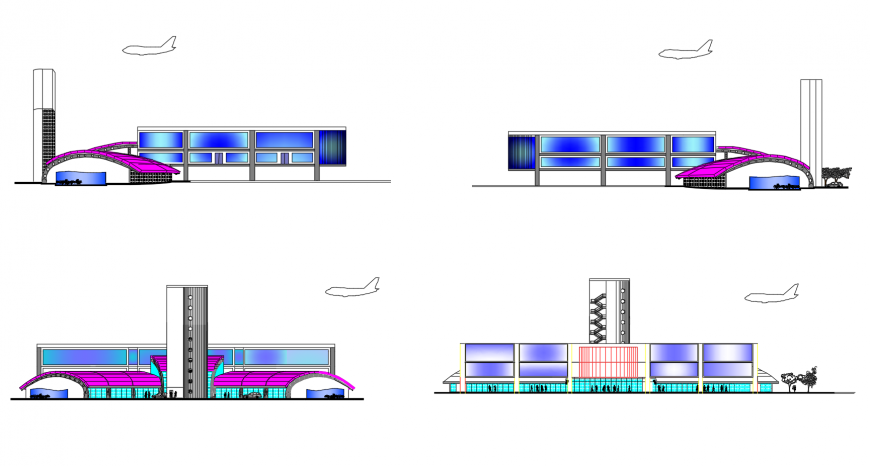 Airport terminal multi-level building all sided elevation cad drawing details dwg file
