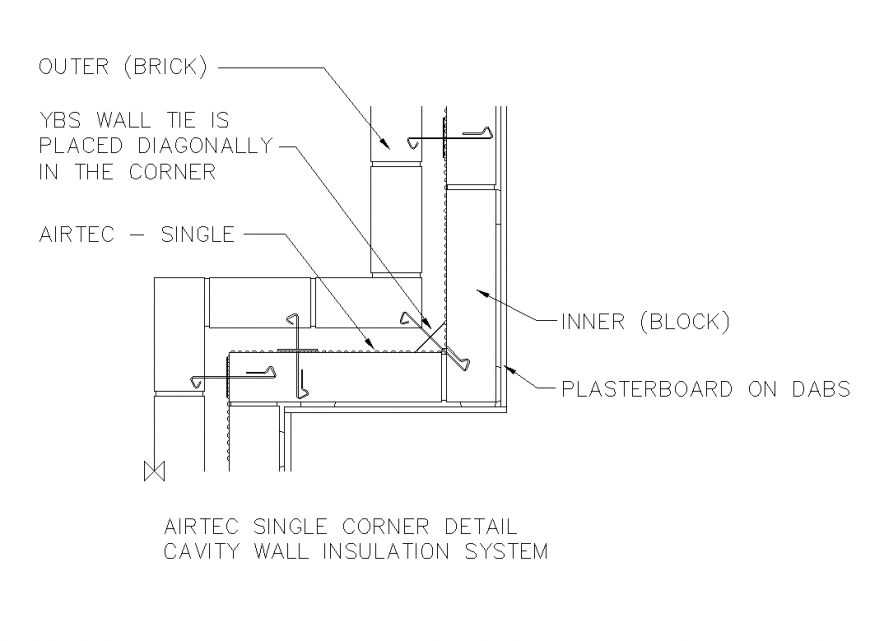Airtec-Single Corner Detail Cavity Wall Insulation system detail elevation dwg file