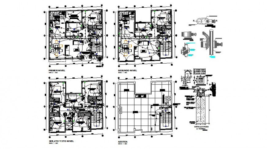 All floors electrical layout plan details of housing apartment building dwg file