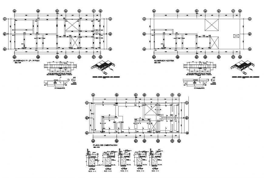 All floors foundation plan, cover plan and column structure cad drawing details dwg file