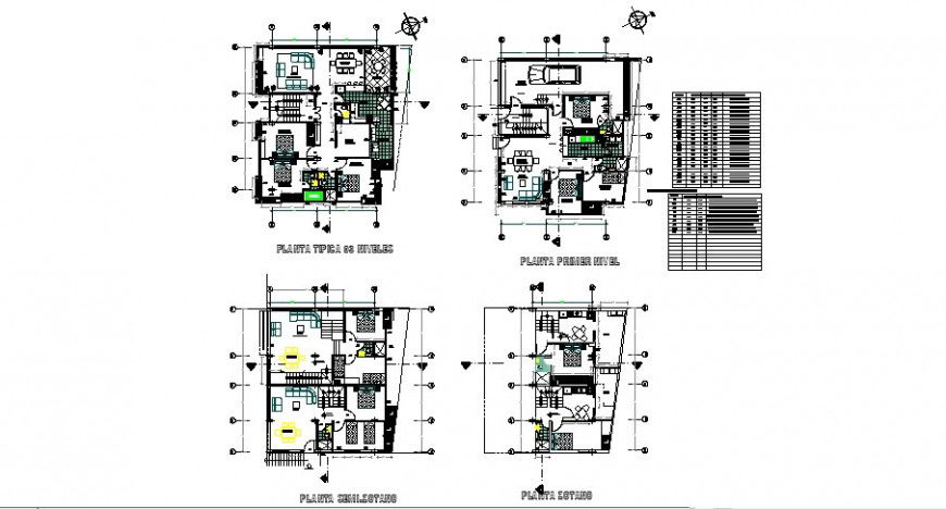 All floors layout plan details of multi-familiar residential building dwg file