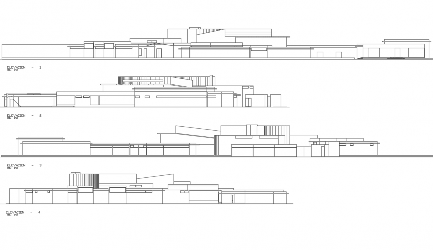 All four sided elevation details of multi-level auditorium hall building dwg file