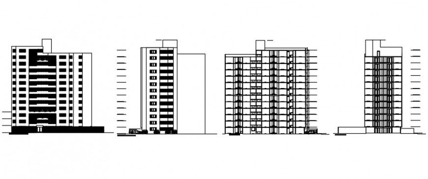 All four sided elevation drawing details of multi-familiar apartment building dwg file