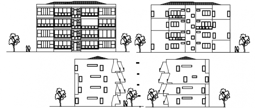 All four sided elevation drawing details of multi-level apartment building dwg file