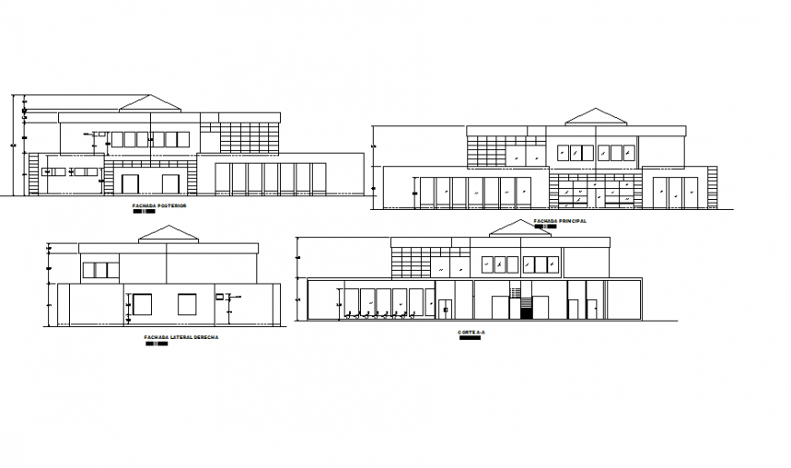 All four sided elevation drawing details of multi-level convention center dwg file