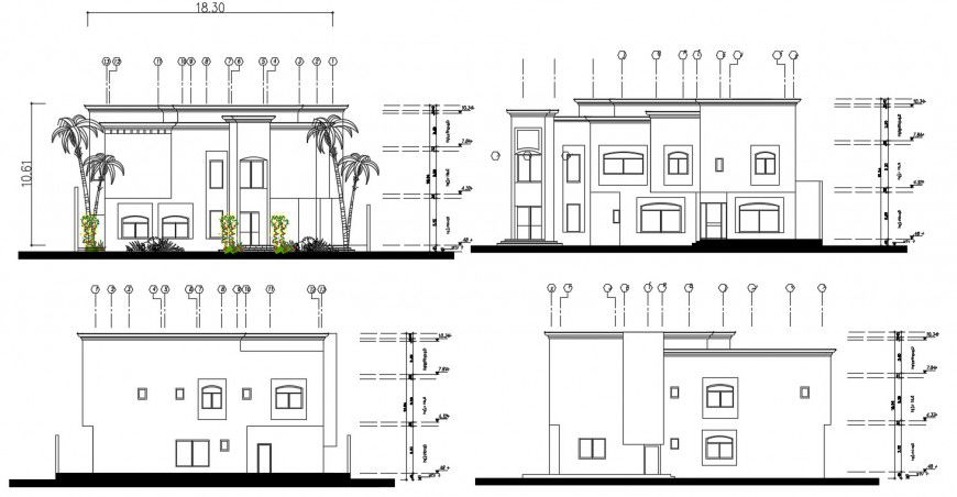 All four sided elevation drawing details of one family house dwg file