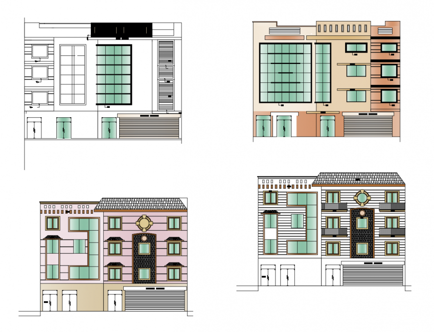 All four sided elevation drawing details of residential bungalow dwg file