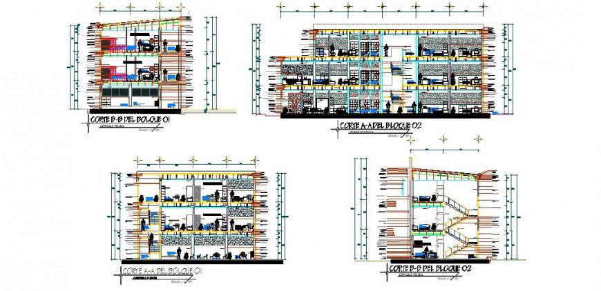 All four sided section drawing details of multi-family apartment building dwg file