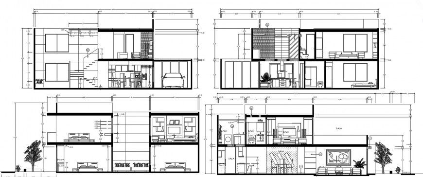 All four sided section drawing details of one family house dwg file