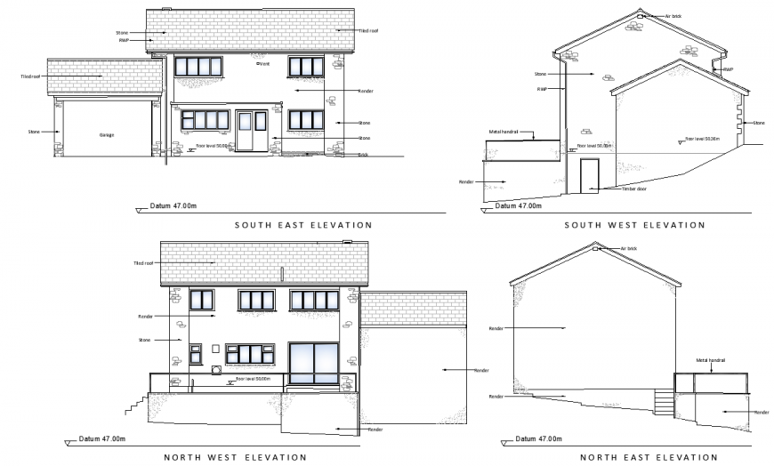 All side elevation of house on hilly area in dwg file.