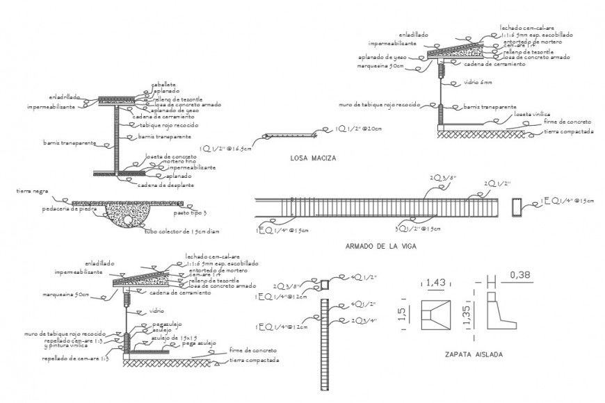 All sided cut constructive section and beam structure details for restaurant dwg file