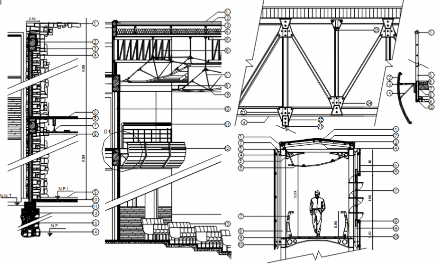 All sided cut constructive section and roof structure details of building dwg file