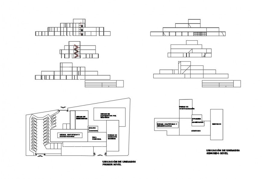 All sided elevation, section, first and second floor plan details of strategic hospital dwg file