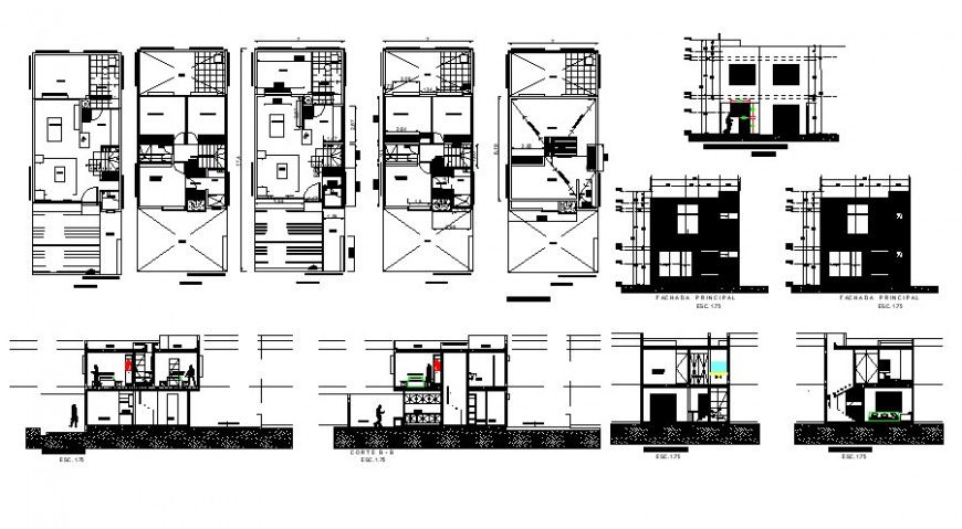 All sided elevation, section, floor plan and auto-cad drawing details of residential house dwg file