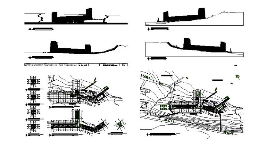 All sided elevation, section and floor plan details of five star hotel dwg file