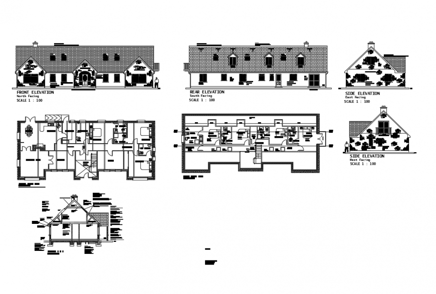 All sided elevation, section and floor plan details of house dwg file