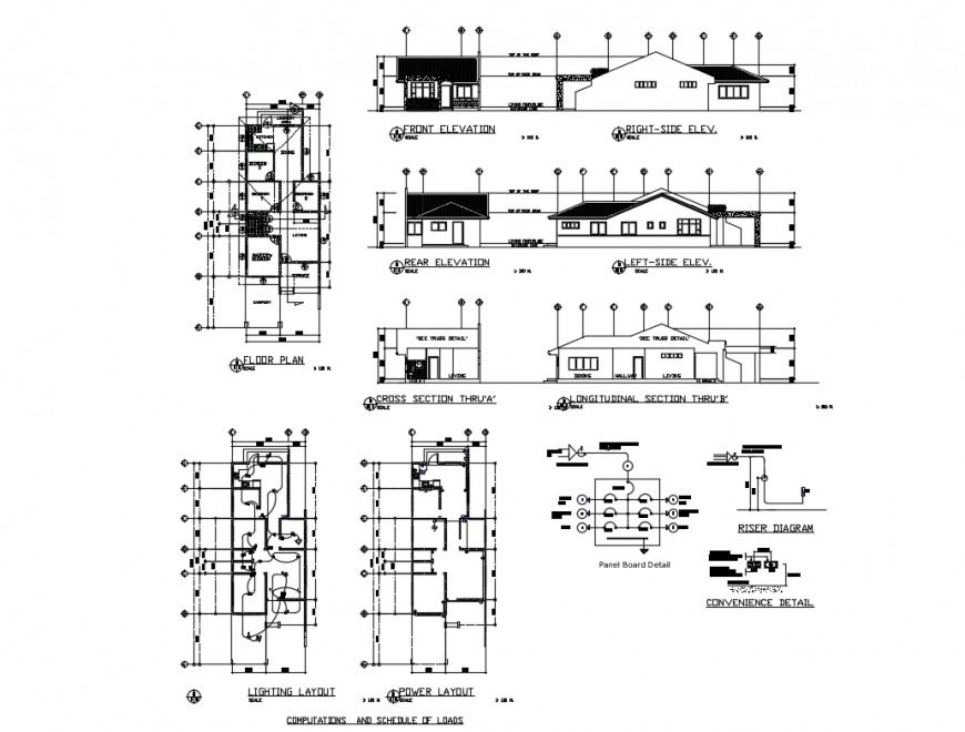 All sided elevation, sections and floor plan details of four bedroom bungalow dwg file