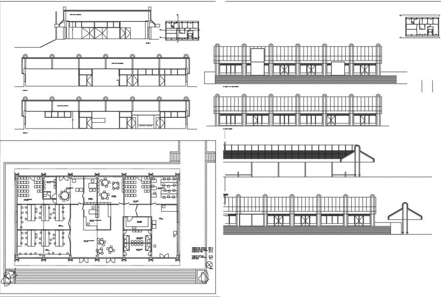 All sided elevation, section and floor plan details of art school dwg file