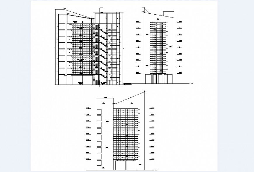 All sided elevation and elevated section drawing details of multi-familiar building dwg file