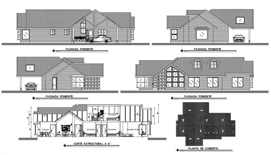 All sided elevation and facade sectional details of cottage house dwg file