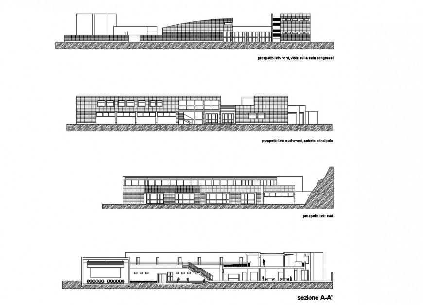 All sided elevation and main section drawing details of kinder garden school dwg file