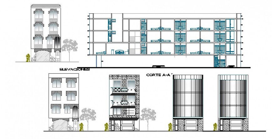 All sided elevation and main sectional drawing details of tower hotel dwg file