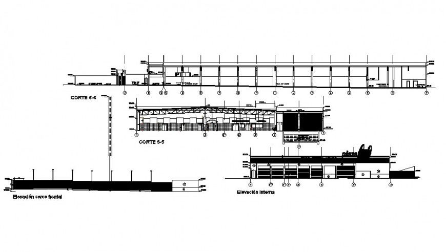 All sided elevation and section and fence details of shopping center complex dwg file