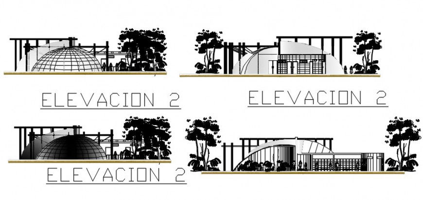 All sided elevation and section details of butterfly farm house dwg file