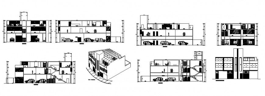 All sided elevation and section details of clouds factory office building dwg file