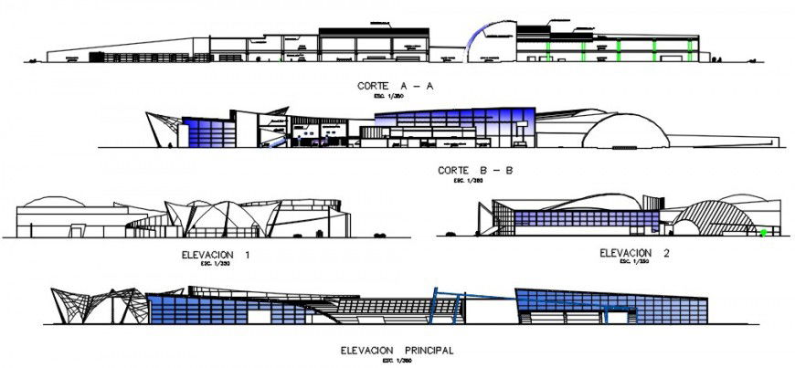 All sided elevation and section details of commercial cum shopping mall building dwg file