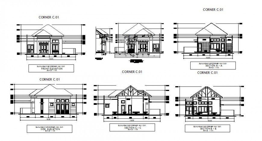 All sided elevation and section details of corner type house dwg file