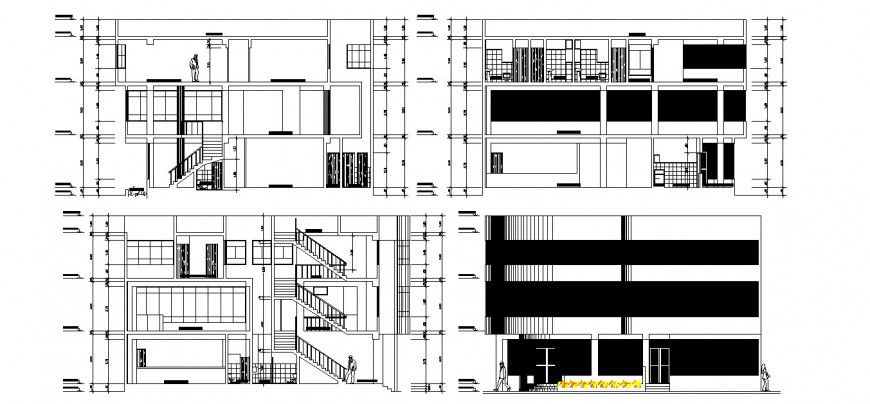 All sided elevation and section details of discotheque restaurant dwg file