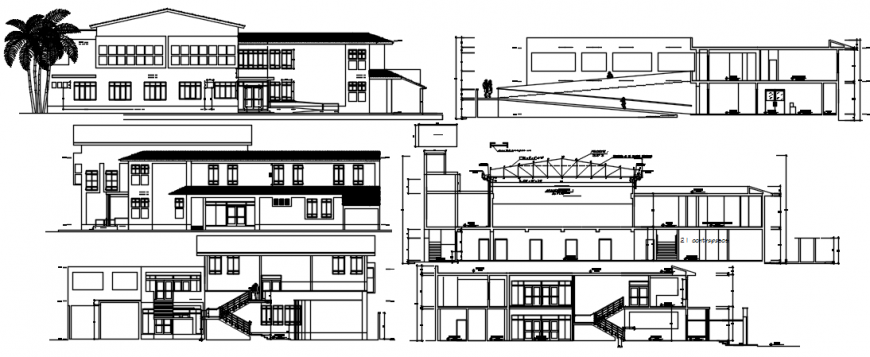 All sided elevation and section details of health center building dwg file