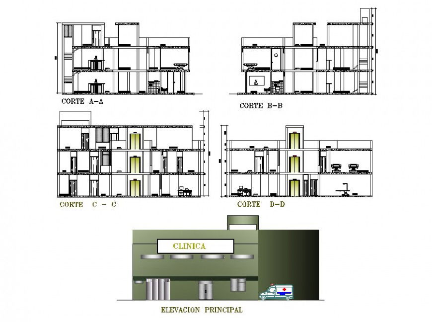 All sided elevation and section details of multi-story hospital building dwg file