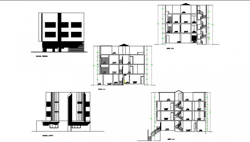 All sided elevation and section details of residential house dwg file