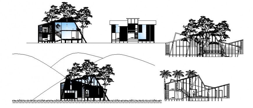 All sided elevation and section details of three story modern house dwg file